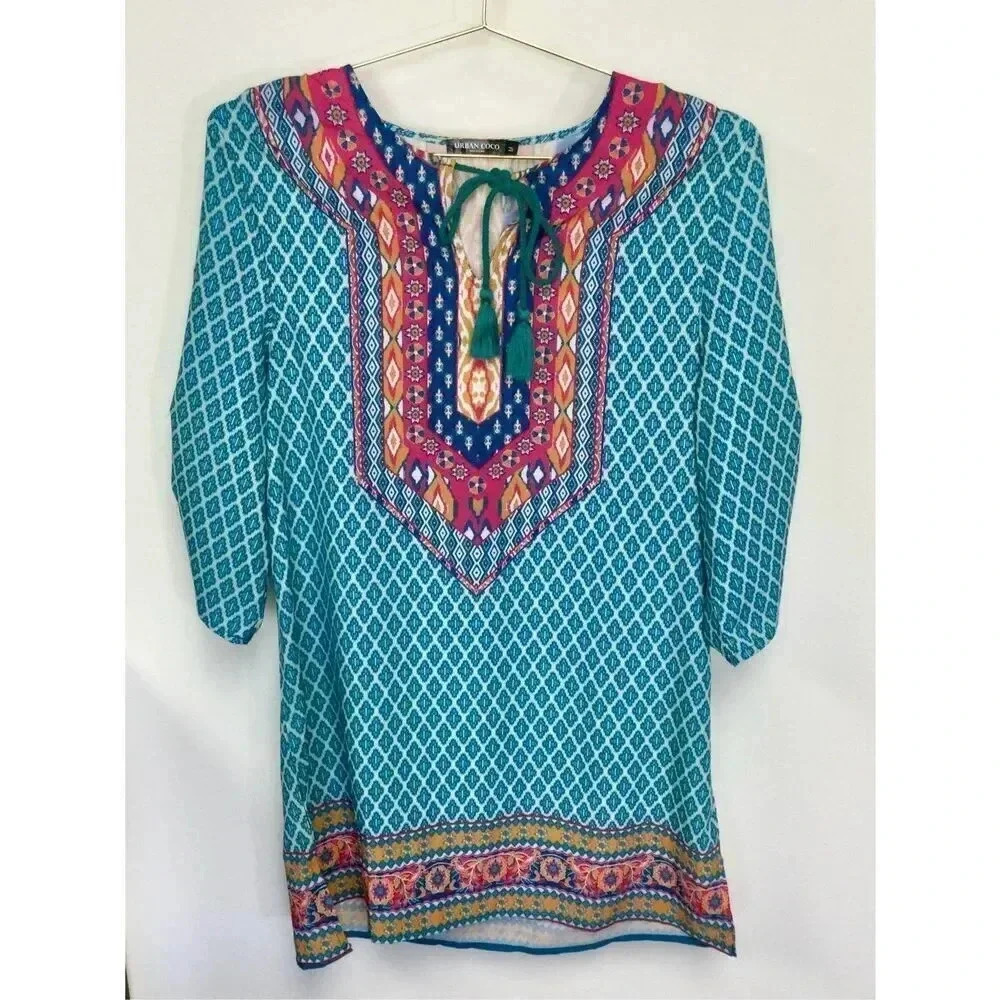 Urban Coco Womens Teal Geometric 3/4 Sleeve Short Shift Dress Size‎ Medium